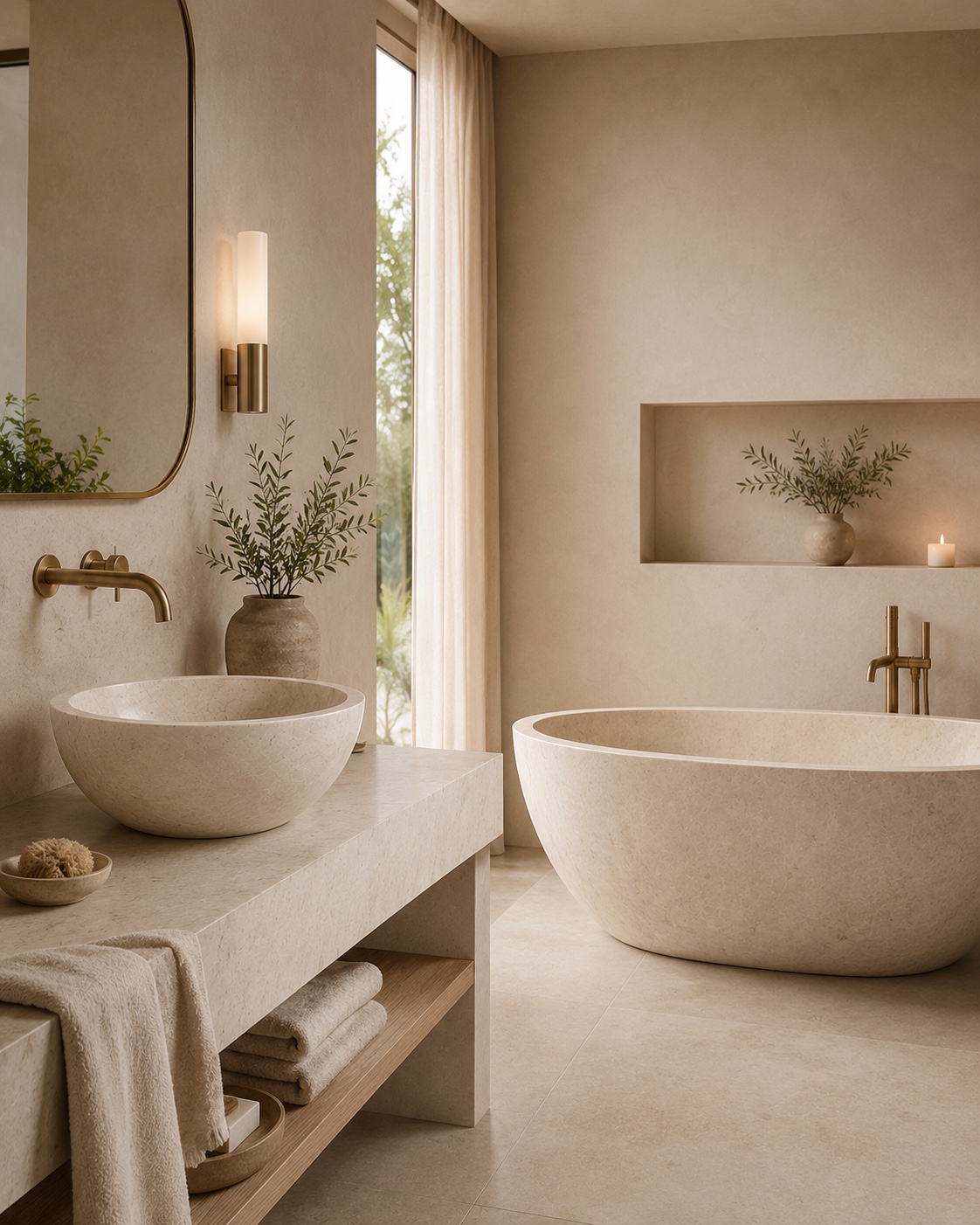Design inspiration showing a coordinated natural stone sink and tub in a luxury bathroom