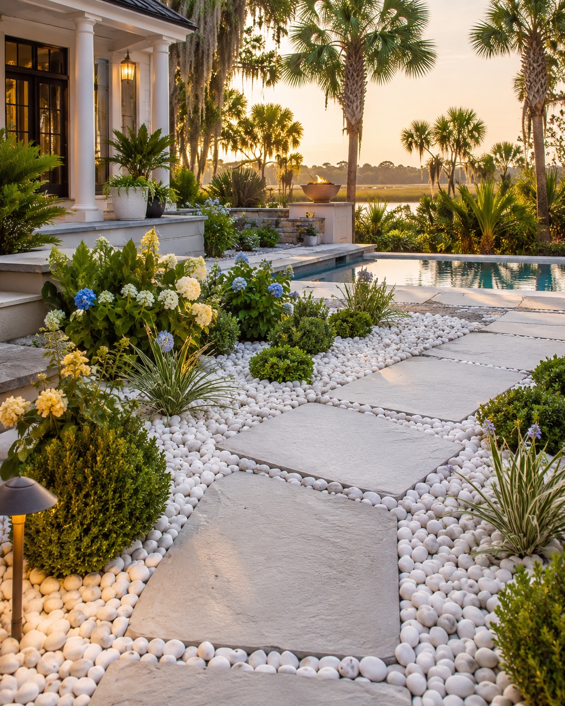 Design inspiration showing white natural stone pebbles in a Lowcountry landscape